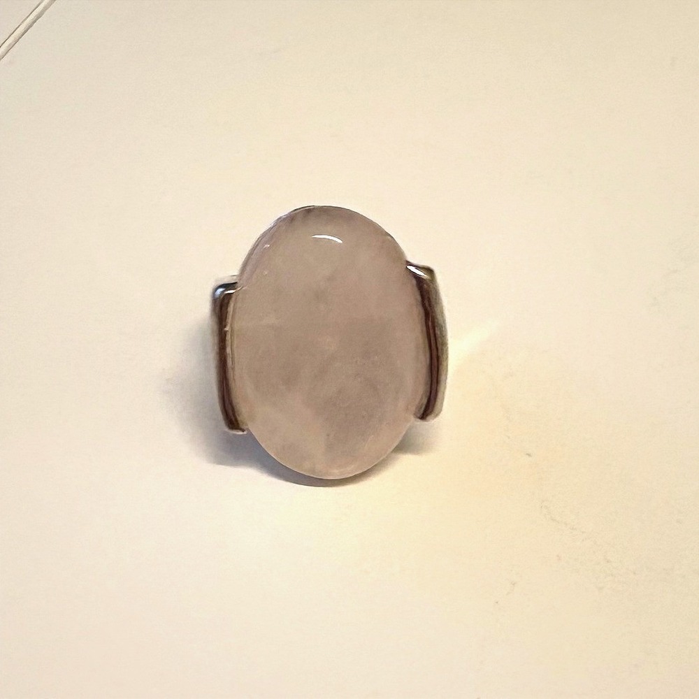 Rose Quartz Statement Ring Silver Tone Oval Cabochon Pink Stone Wide Band Ring